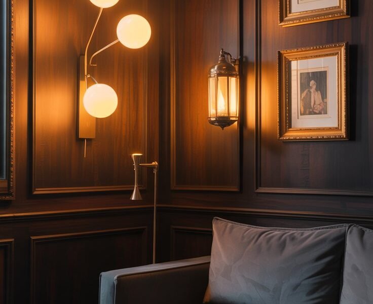 Appliques murales design et lanterne dans un salon en bois sombre