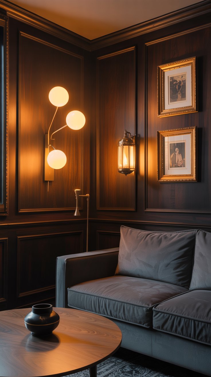 Appliques murales design et lanterne dans un salon en bois sombre