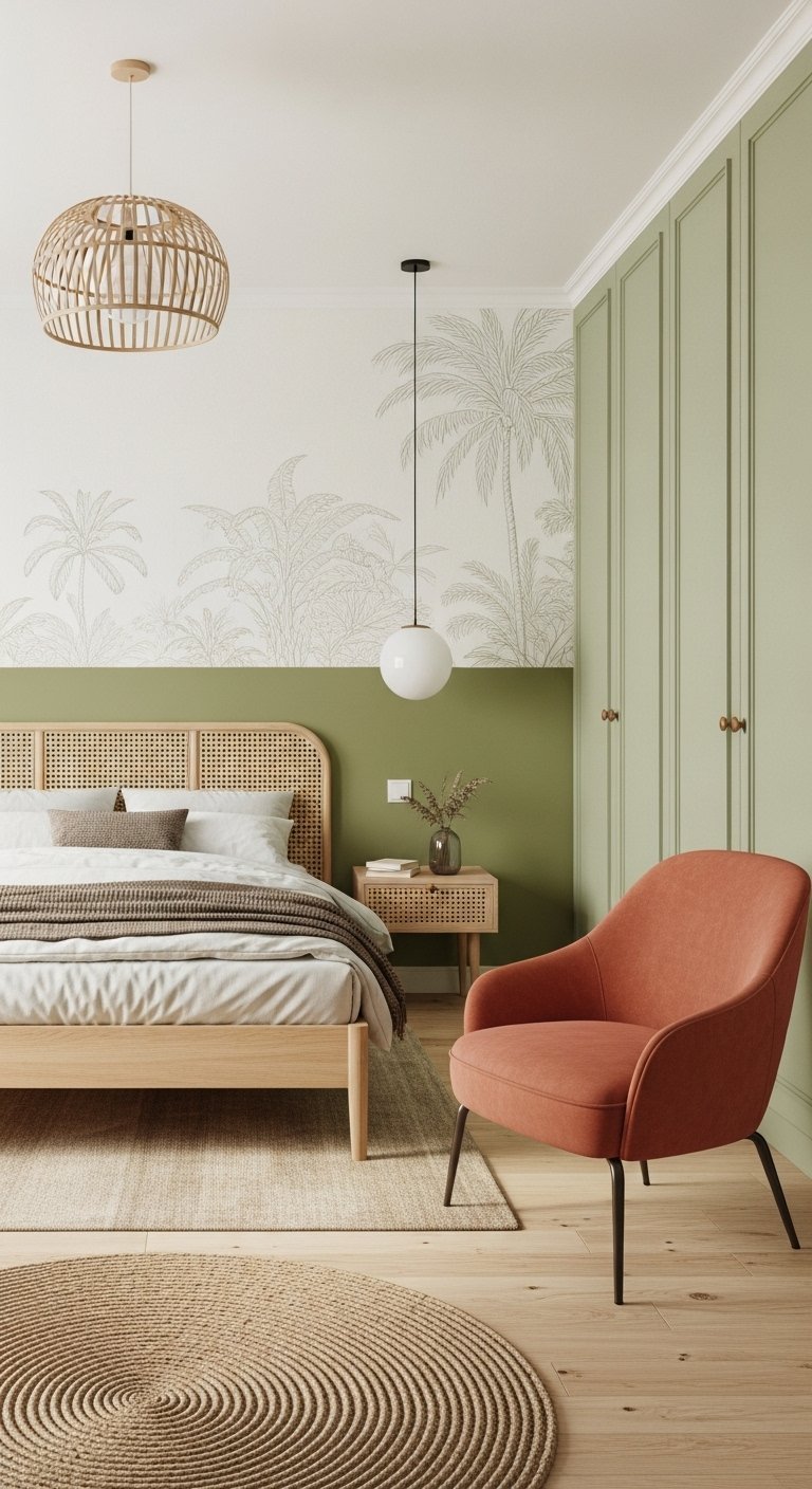 Chambre bohème avec mur bicolore vert et papier peint à motif de palmiers
