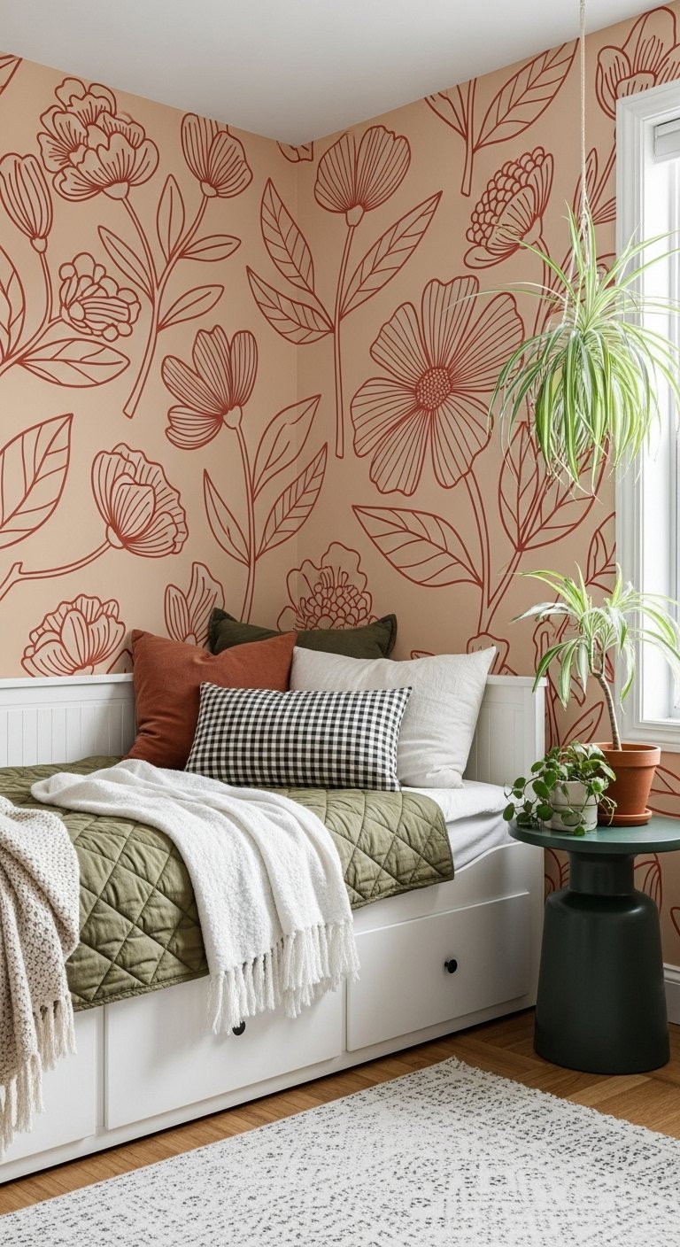 Chambre bohème avec papier peint panoramique terracotta et dessins de fleurs