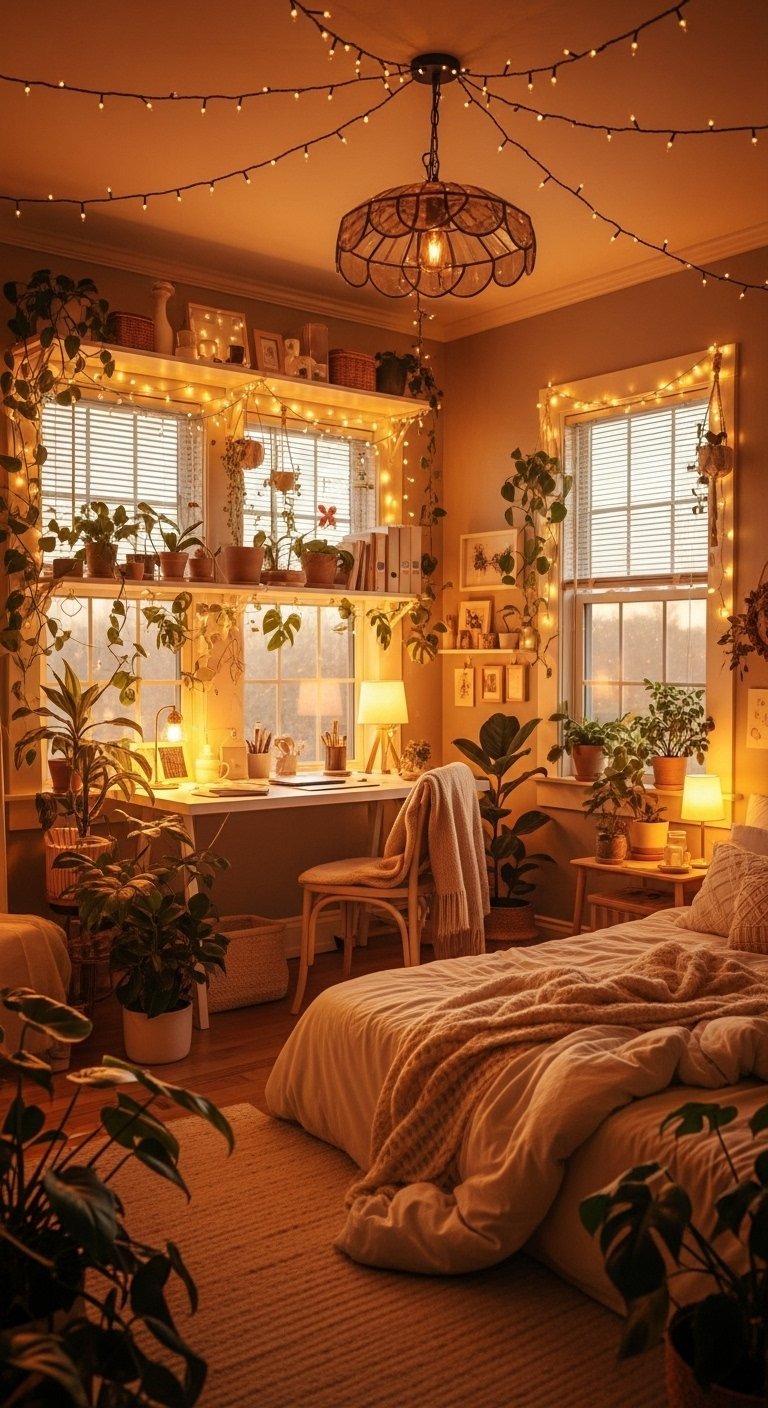 Chambre cosy remplie de plantes vertes et de guirlandes lumineuses chaudes