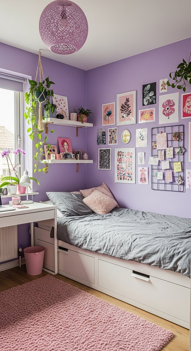 Chambre d adolescente avec des murs lilas et un mur de posters colorés