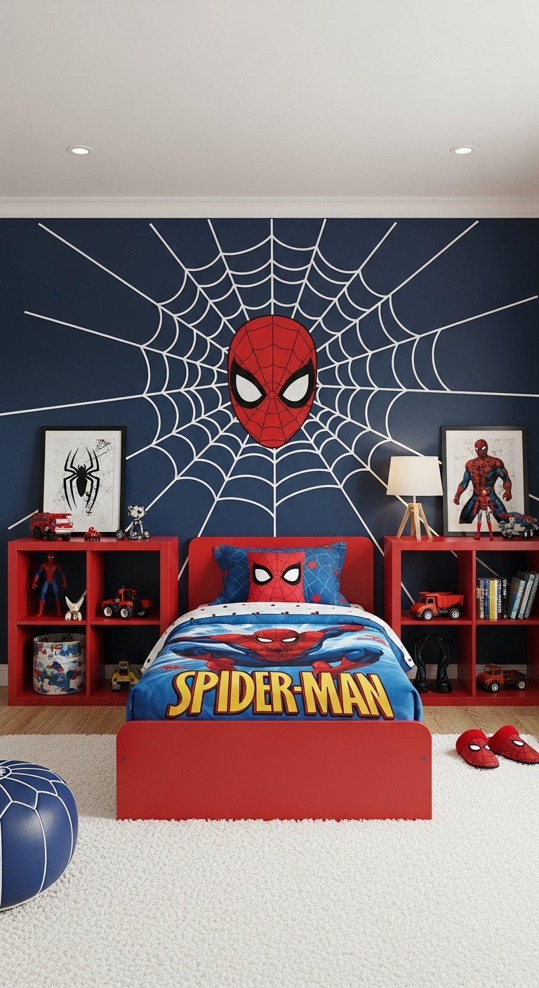 Chambre de garçon sur le thème de Spider Man avec un sticker mural et du mobilier rouge