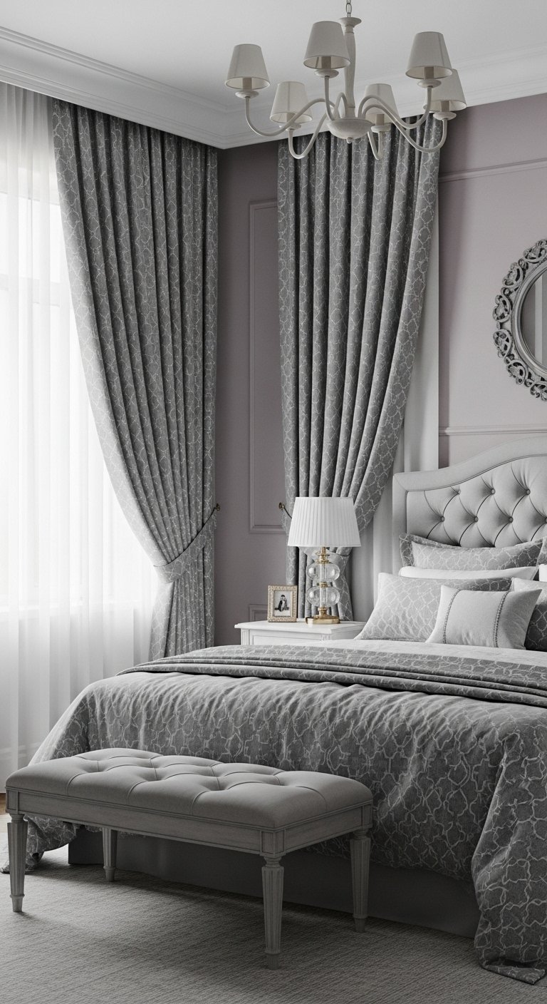 Chambre de luxe avec des rideaux gris a motifs assortis a la parure de lit