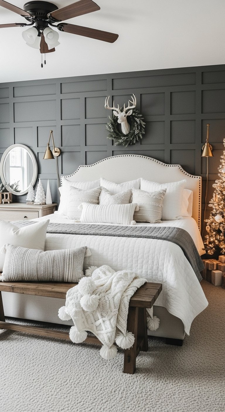 Chambre de style farmhouse moderne avec mur à panneaux gris et décoration de Noël