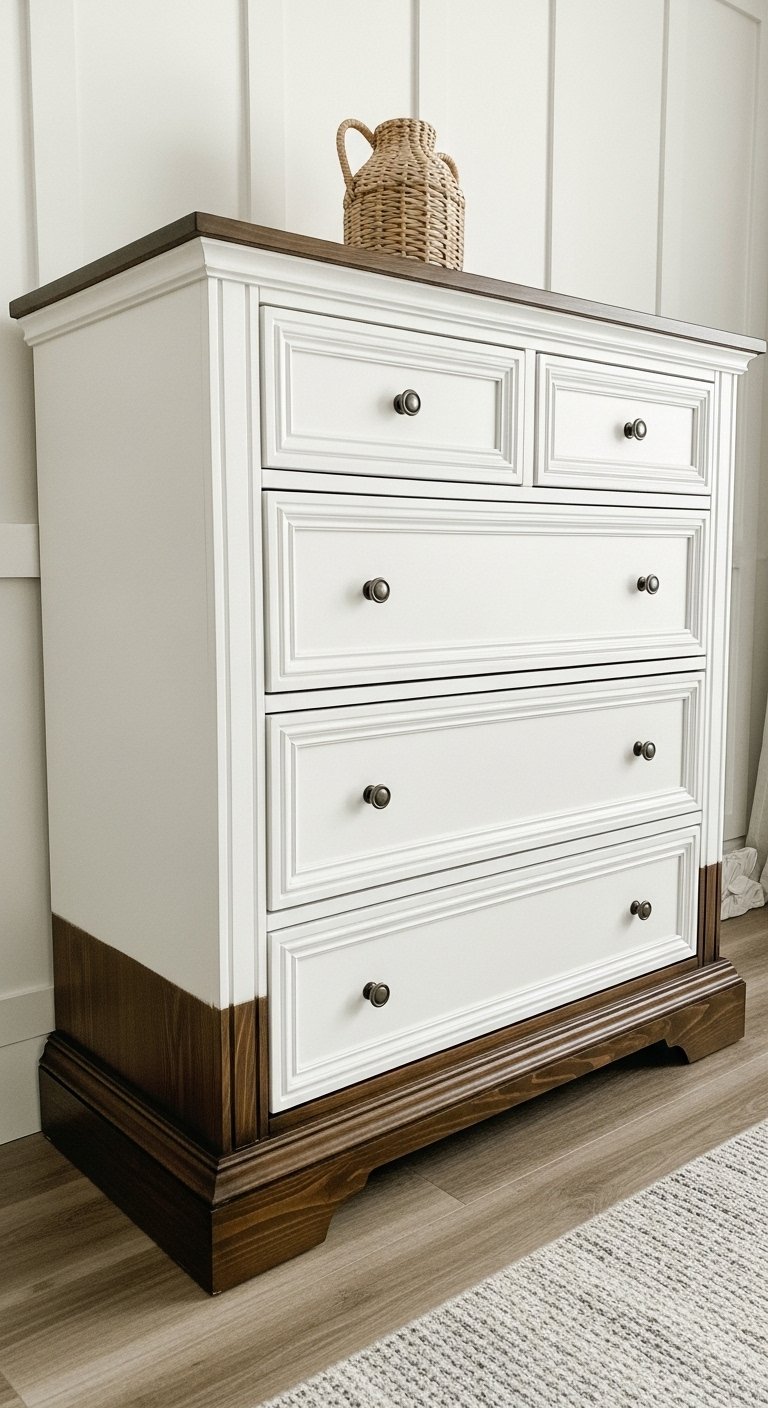 Commode bicolore blanche et bois foncé de style campagne chic