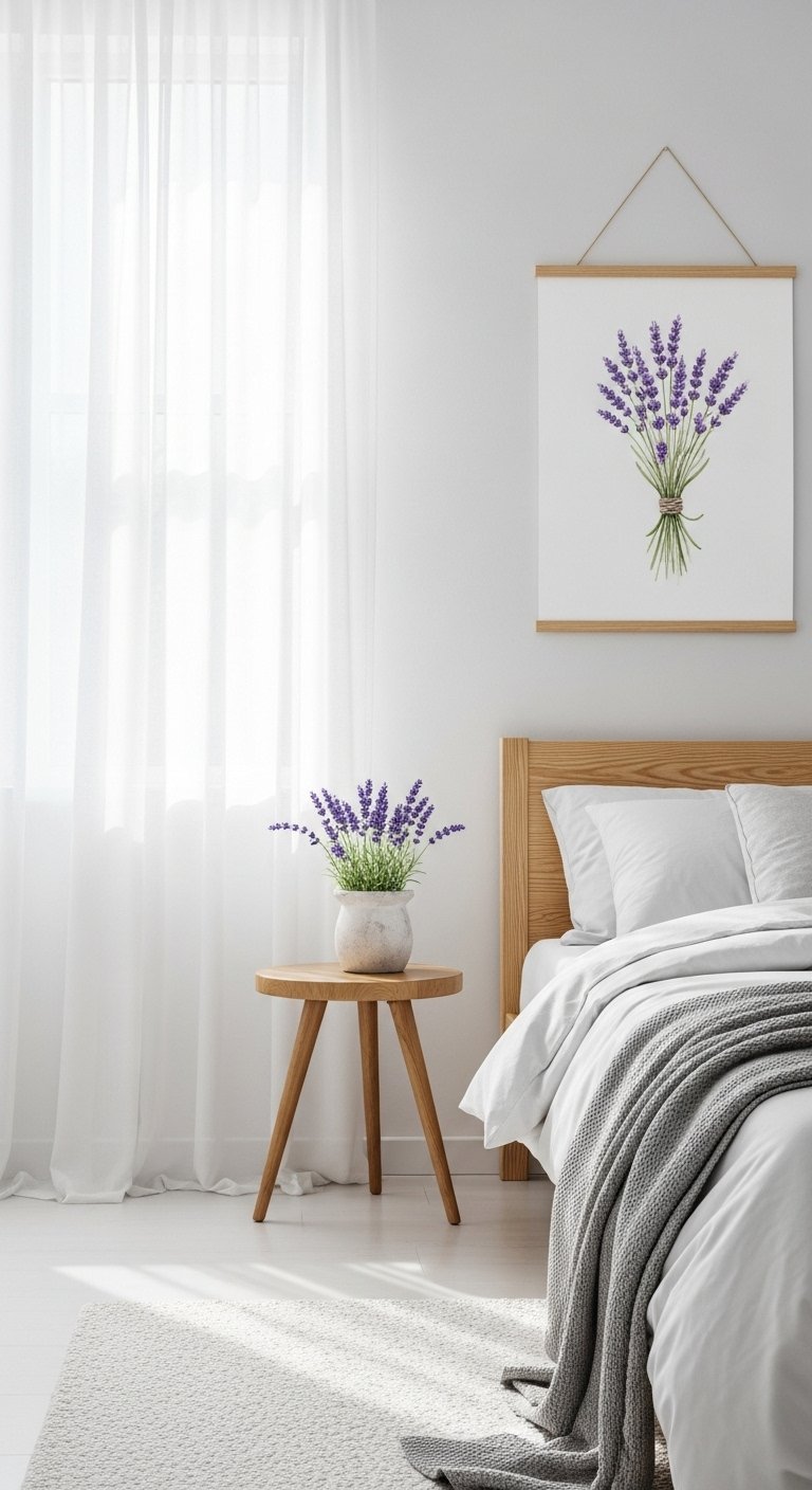 Décoration chambre femme simple et lumineuse avec des accents de lavande
