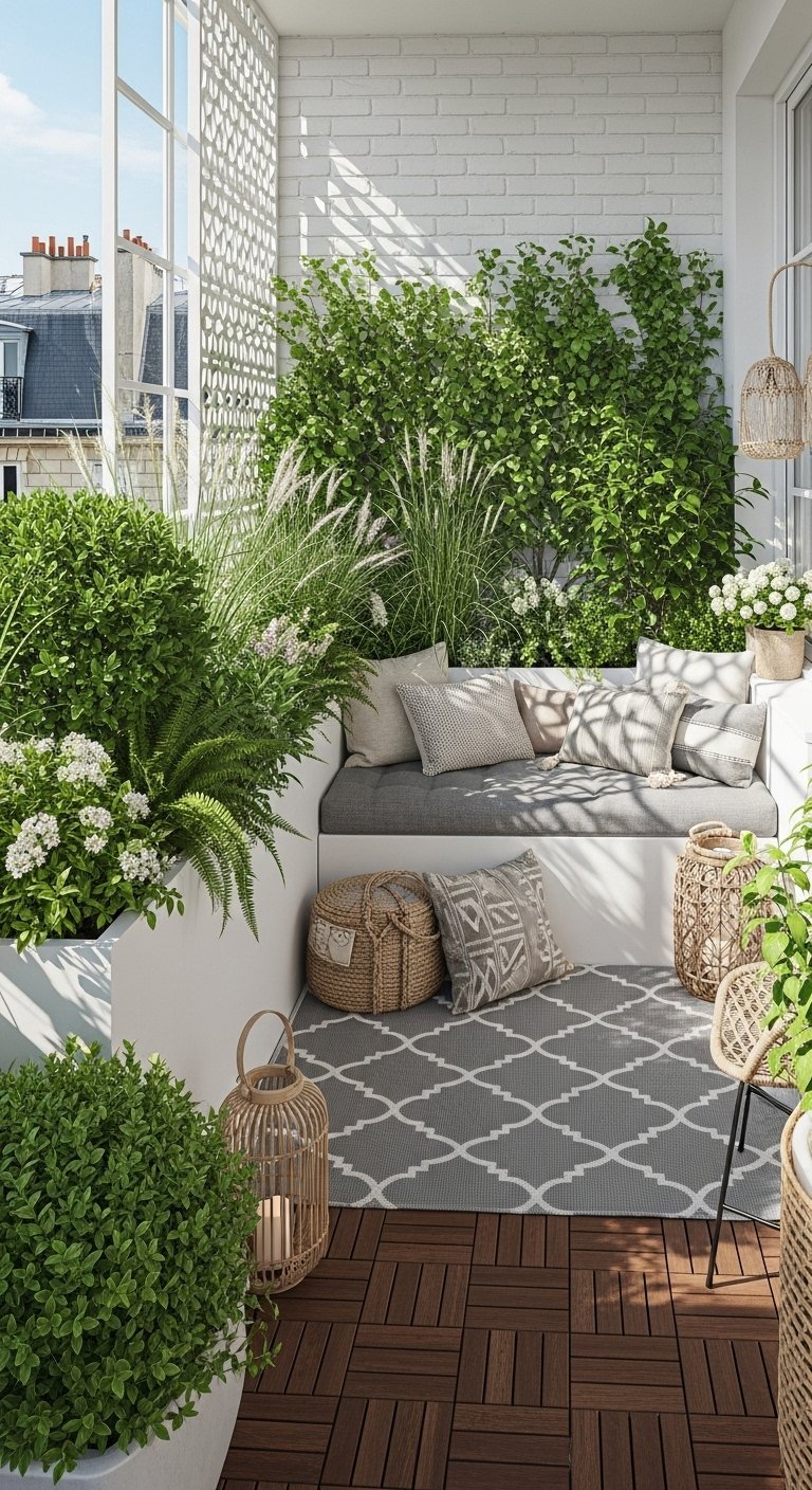 Decoration petit balcon avec banquette maconnee et mur de plantes grimpantes