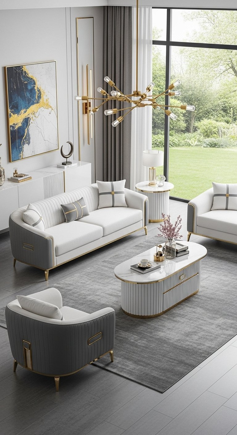 Ensemble de canapés gris clair et anthracite avec des détails dorés