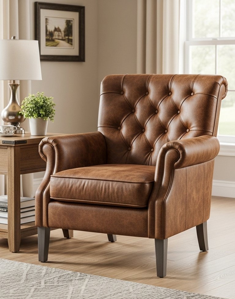 Fauteuil club classique en cuir marron vieilli avec un dossier entièrement capitonné