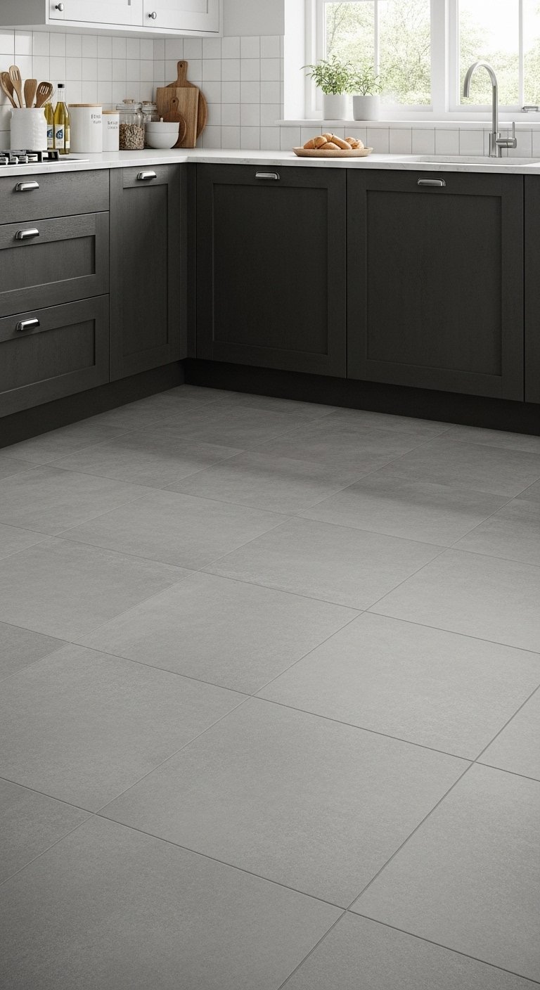 Grand carrelage de sol carre gris effet beton avec armoires foncees