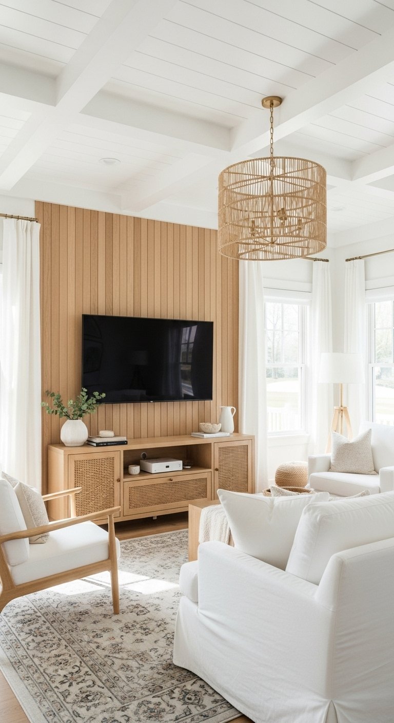 Mur TV en lattes de bois clair style côtier