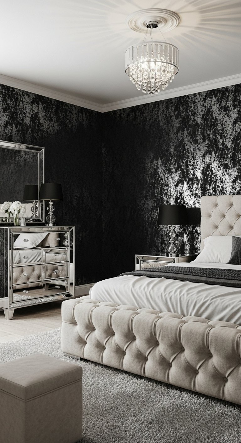 Papier peint texture noir et argente dans une chambre glamour avec meubles en miroir