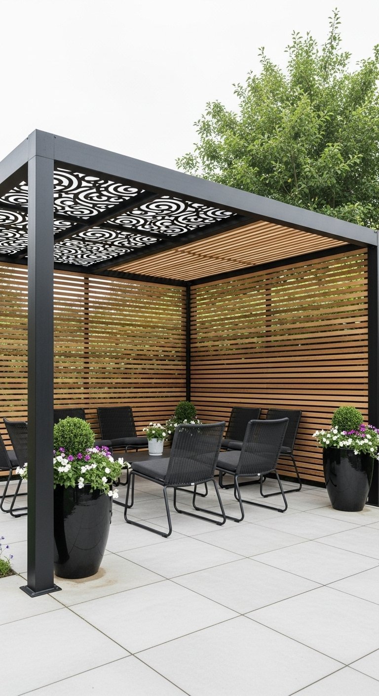 Pergola moderne avec toit décoratif découpé au laser et parois en lattes de bois