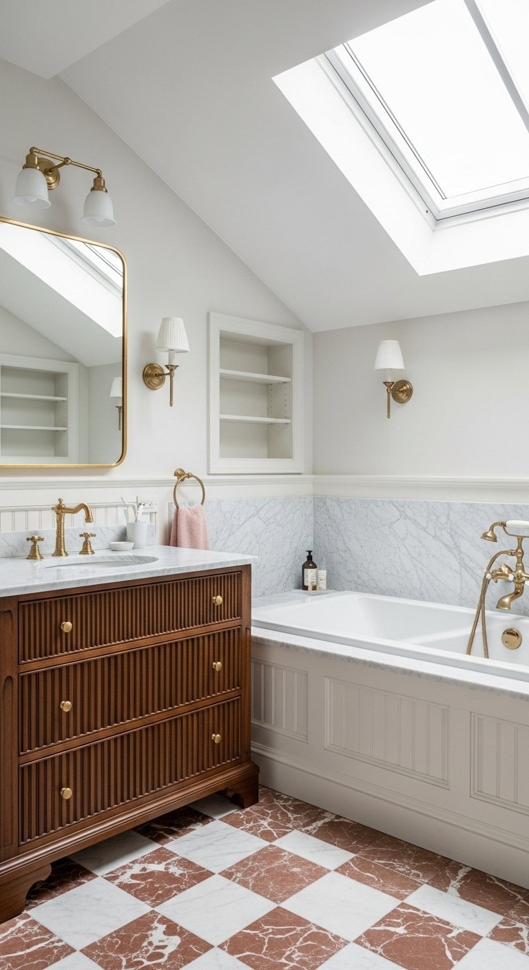 Petite salle de bain sous pente avec meuble en bois et baignoire en marbre