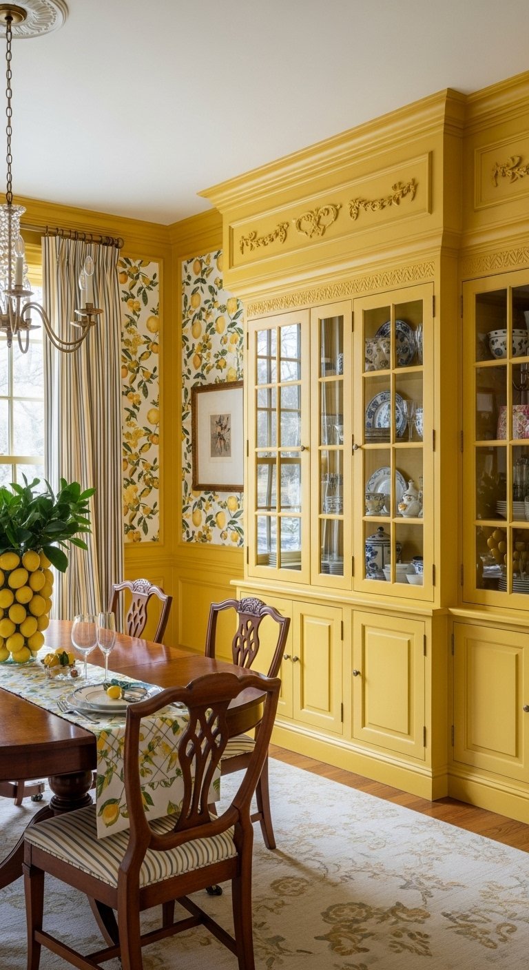 Salle a manger jaune avec menuiseries et vaisselier peints
