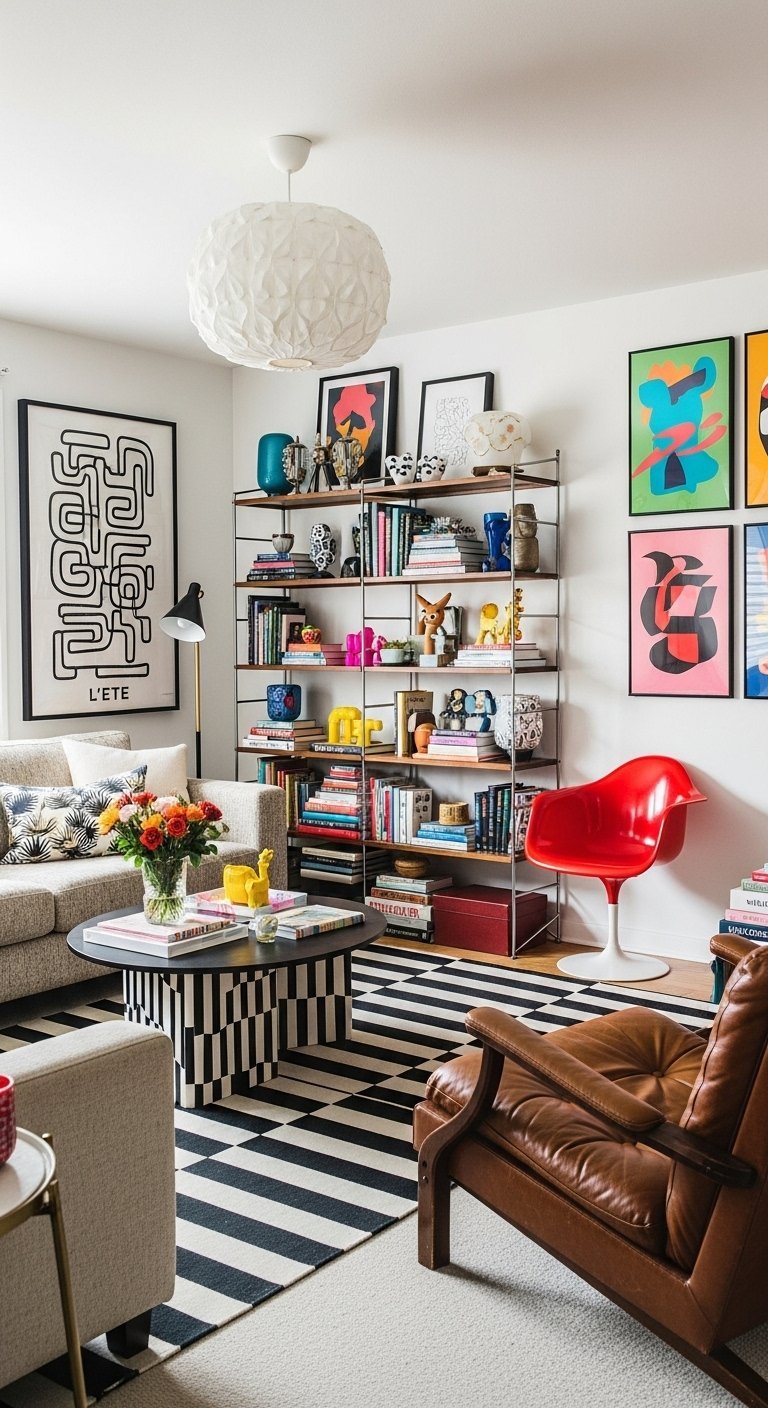 Salon éclectique et moderne avec un tapis à rayures, des œuvres d art colorées et une chaise rouge design.