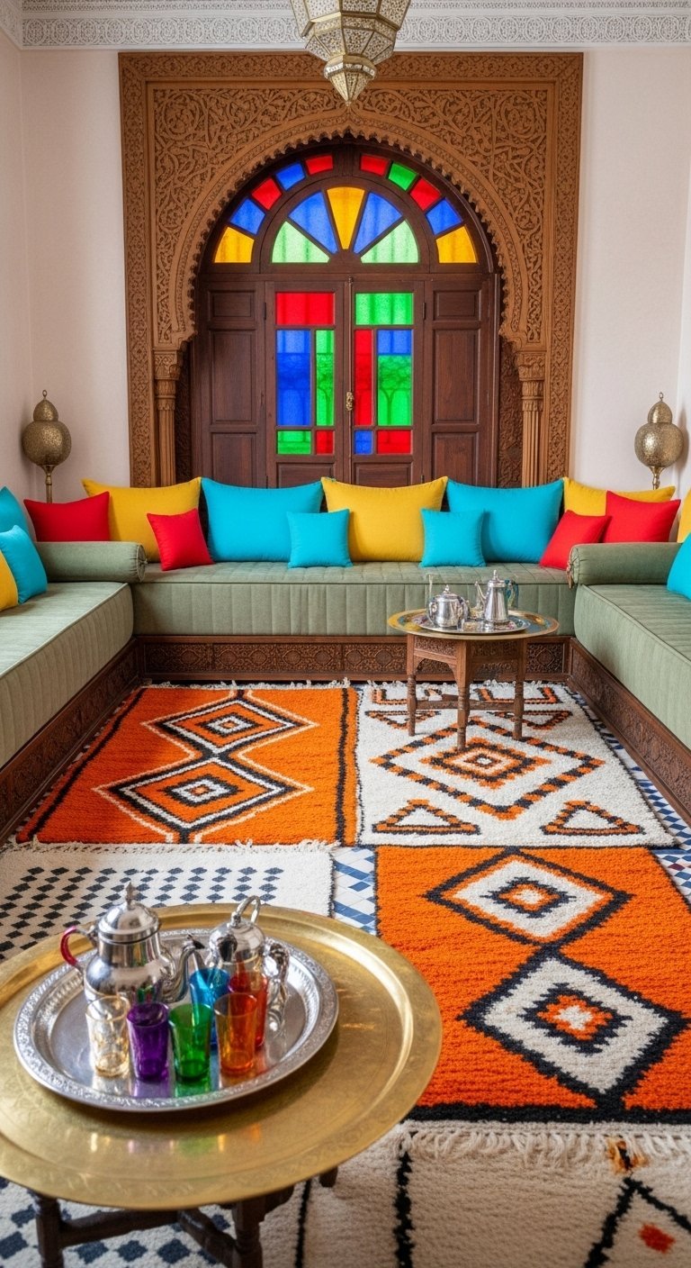 Salon marocain avec tapis berbère orange et fenêtre en vitrail coloré