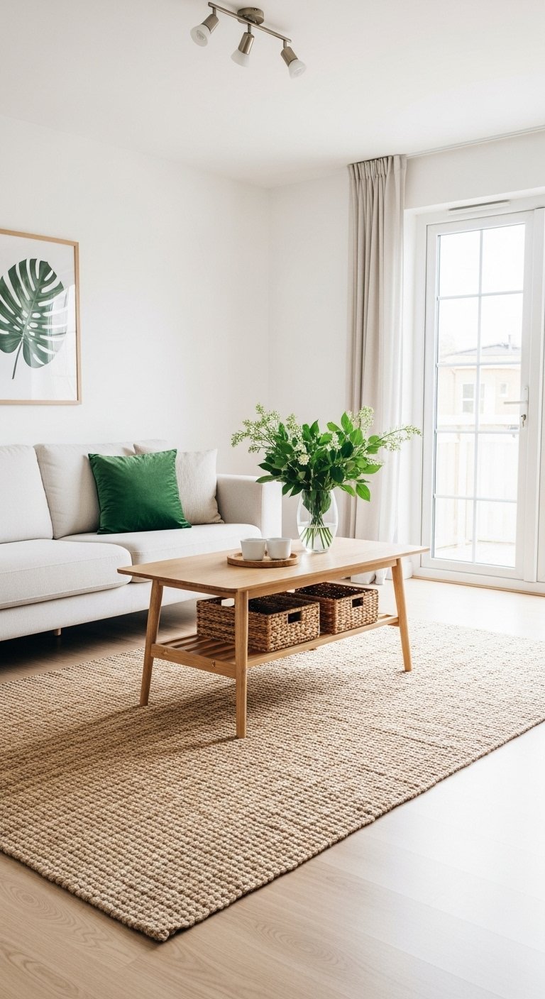 Tapis de salon en jute naturelle dans un décor scandinave avec un canapé blanc