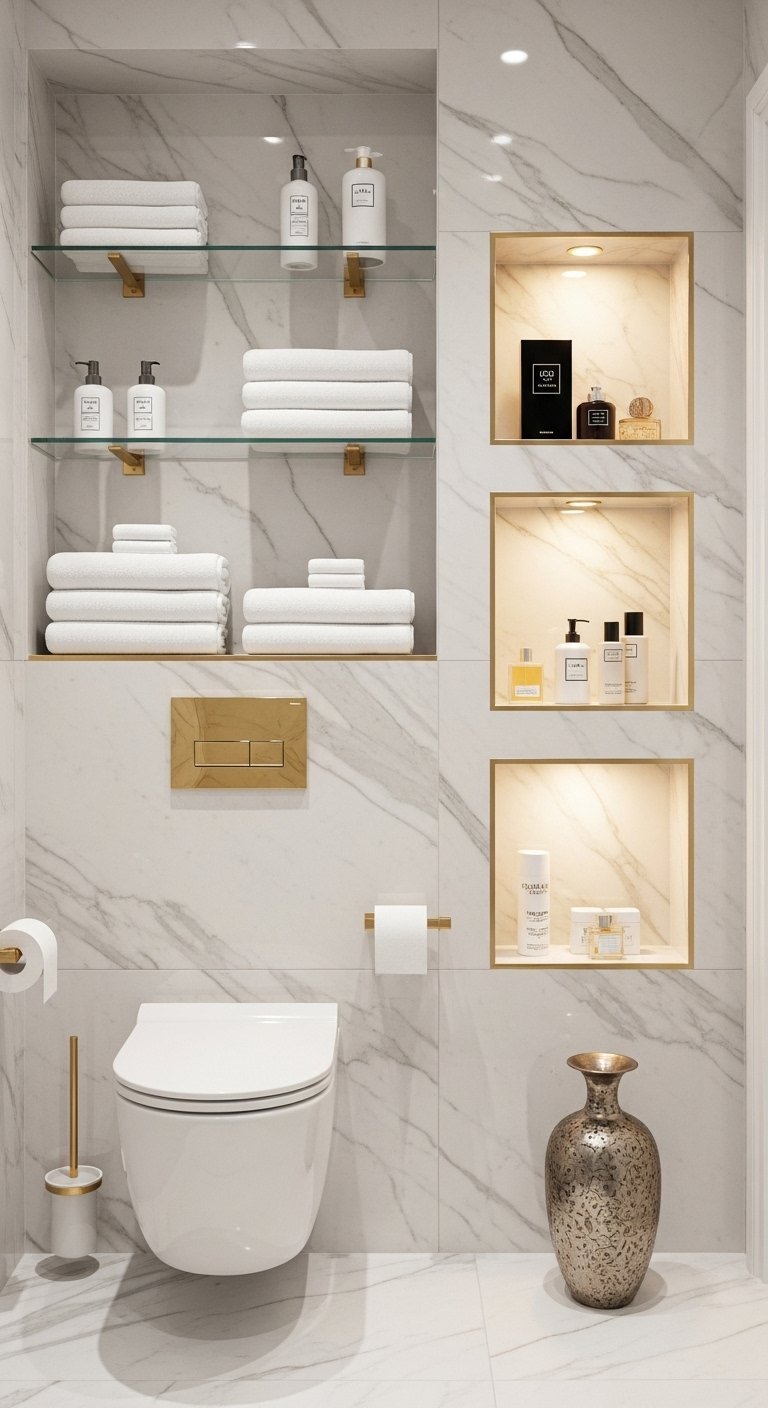 Toilettes de luxe avec murs en marbre blanc et niches dorees eclairees