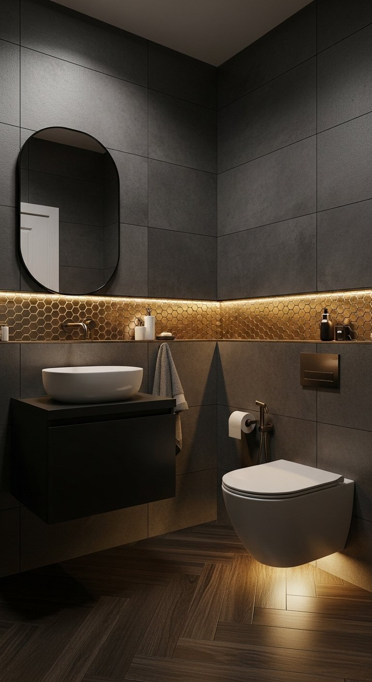 WC sombre et luxueux avec niche en mosaïque dorée et éclairage indirect