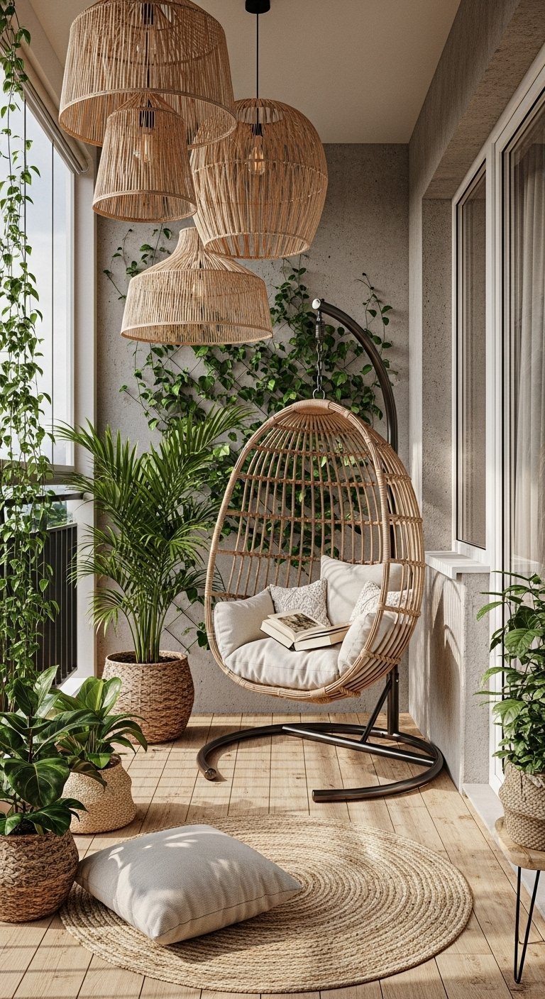 Aménagement de balcon de style bohème avec un fauteuil suspendu et des luminaires en rotin