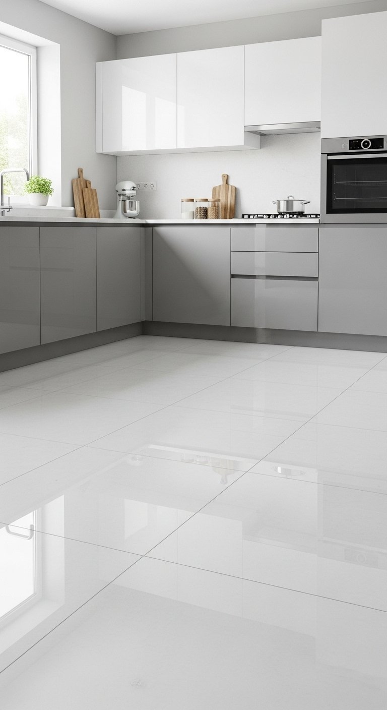 Carrelage de sol blanc poli dans une cuisine moderne grise et blanche