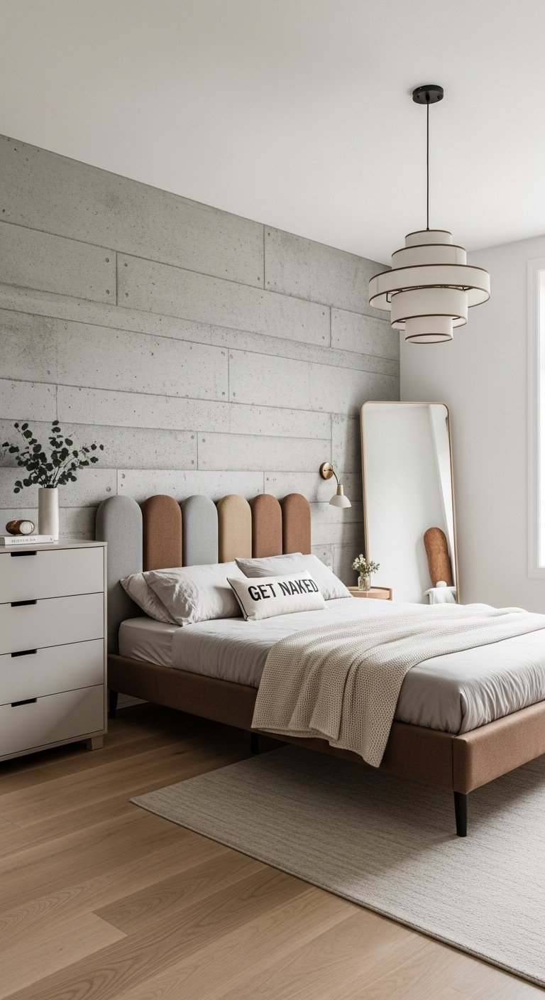 Chambre à coucher moderne avec un mur d accent en panneaux de béton et une tête de lit rembourrée.
