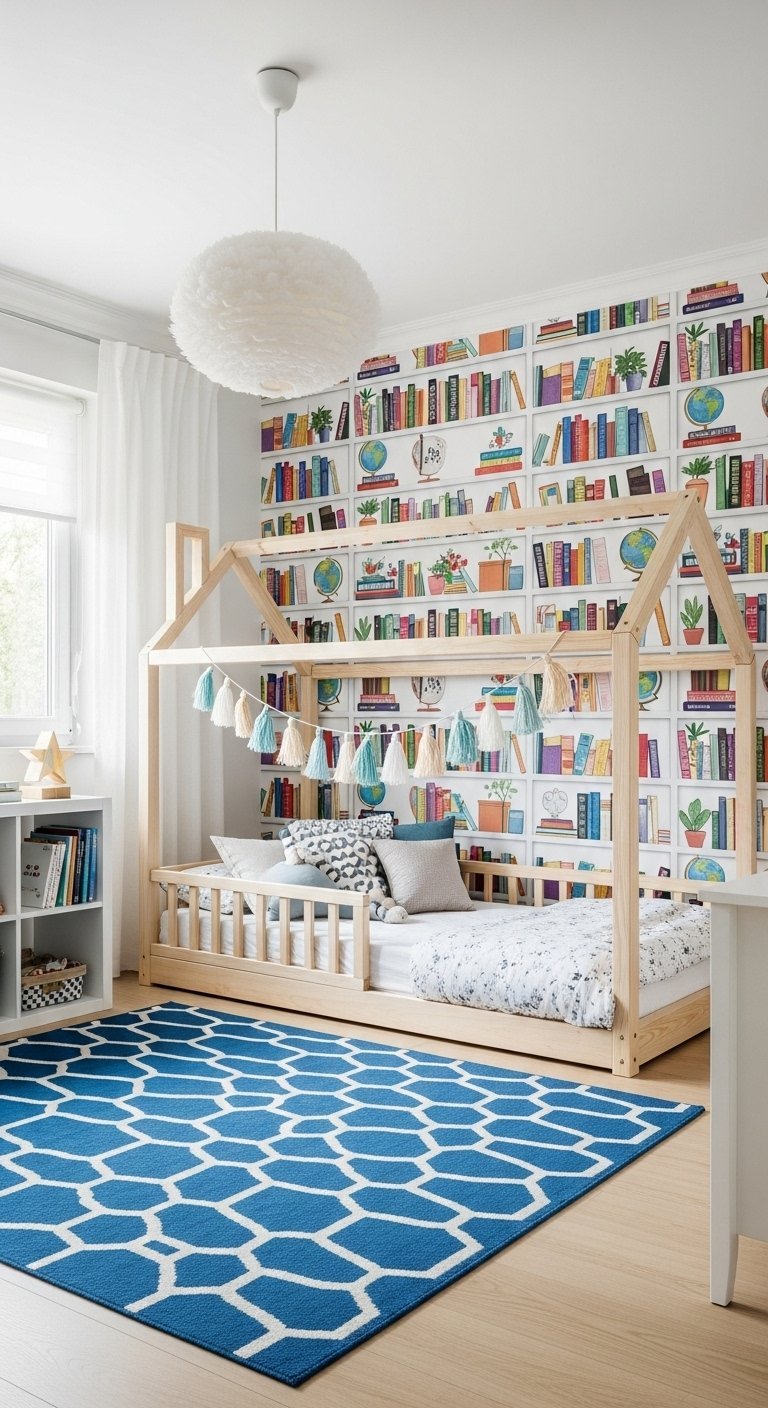 Chambre de garçon de style Montessori avec un lit maison en bois et un papier peint bibliothèque