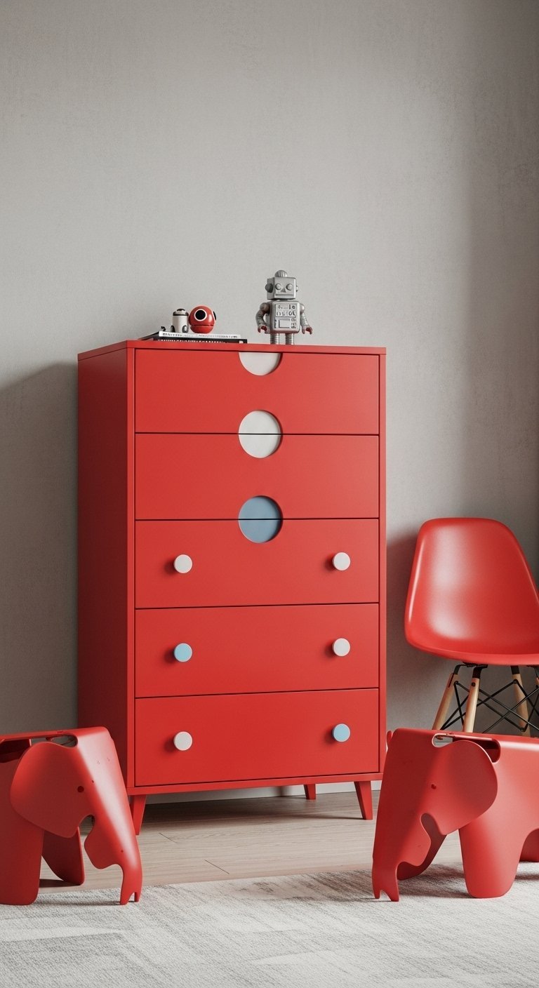 Commode pour enfant rouge vif avec poignées rondes et colorées