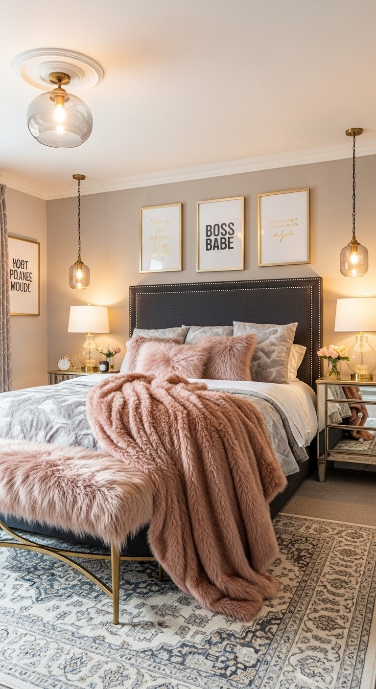Décoration chambre femme moderne avec des cadres Boss Babe et un plaid en fausse fourrure rose