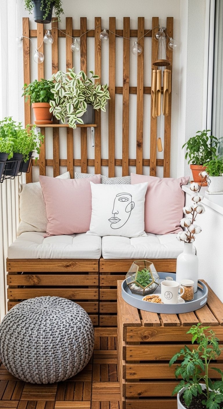 Decoration petit balcon DIY avec banquette en caisses bois et pouf gris tricote