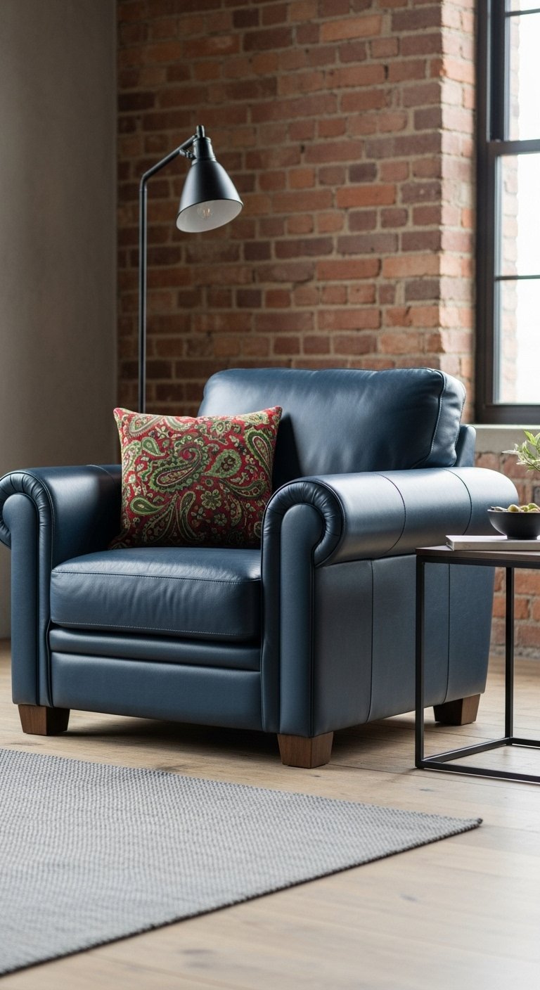 Fauteuil club en cuir bleu marine posé dans un salon de style industriel avec un mur de briques