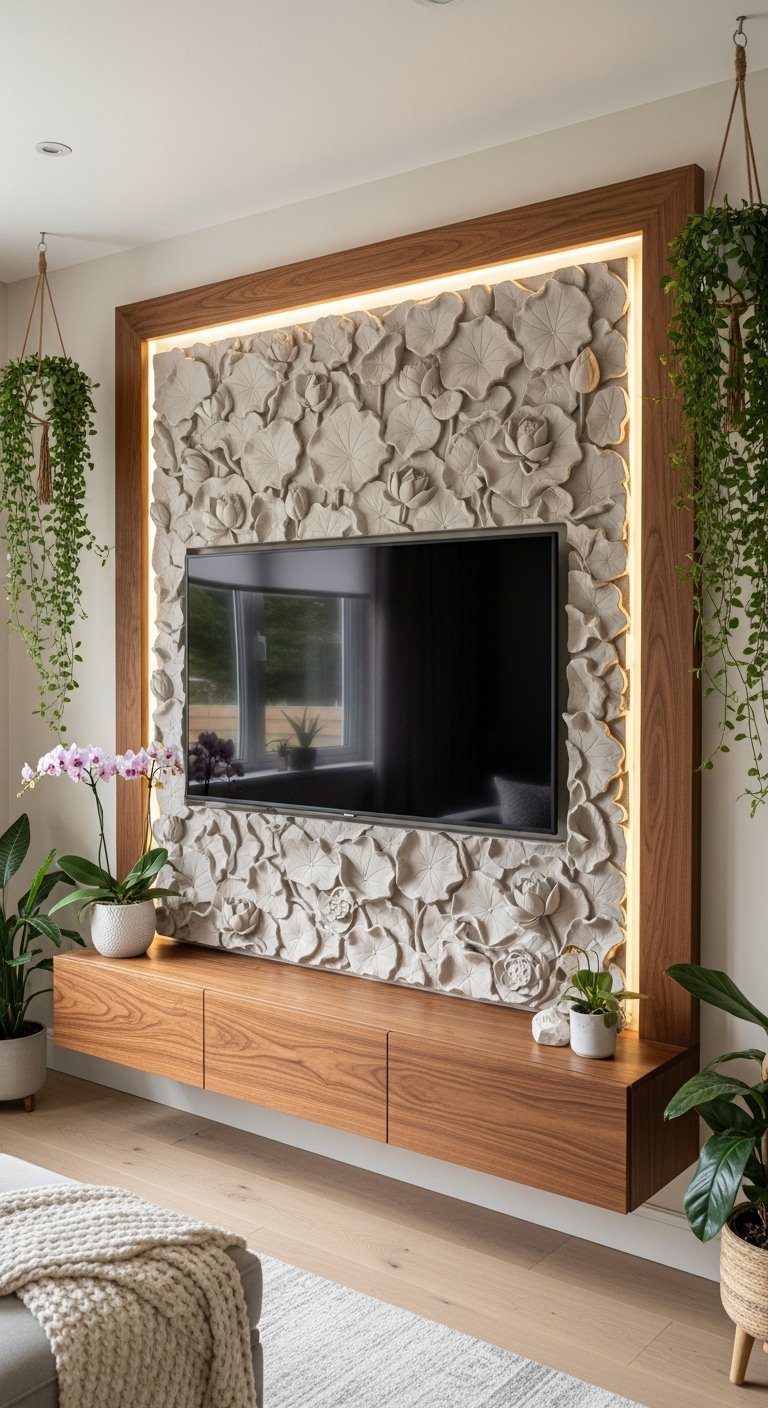 Mur TV avec panneau sculptural en relief floral et cadre en bois