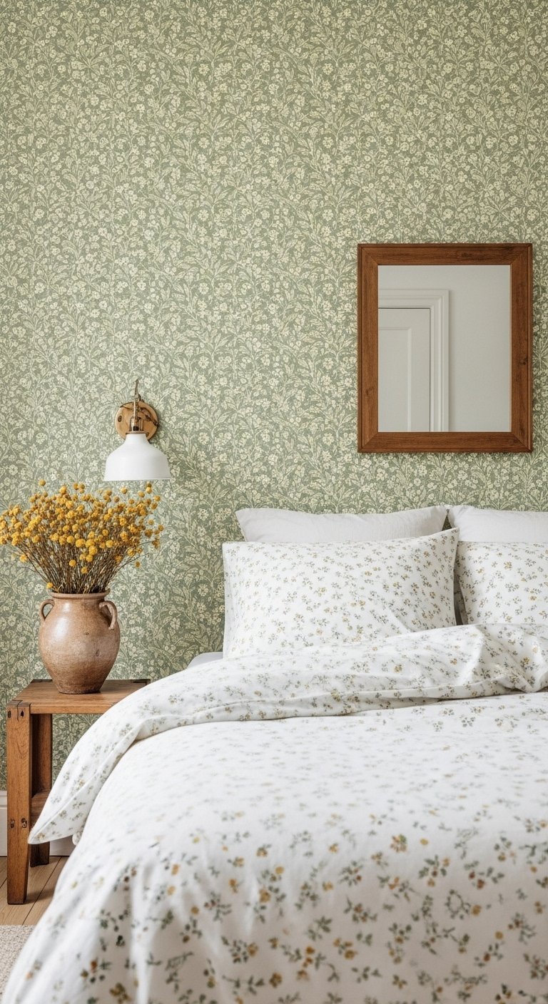Papier peint style liberty a petites fleurs vertes et jaunes avec parure de lit assortie