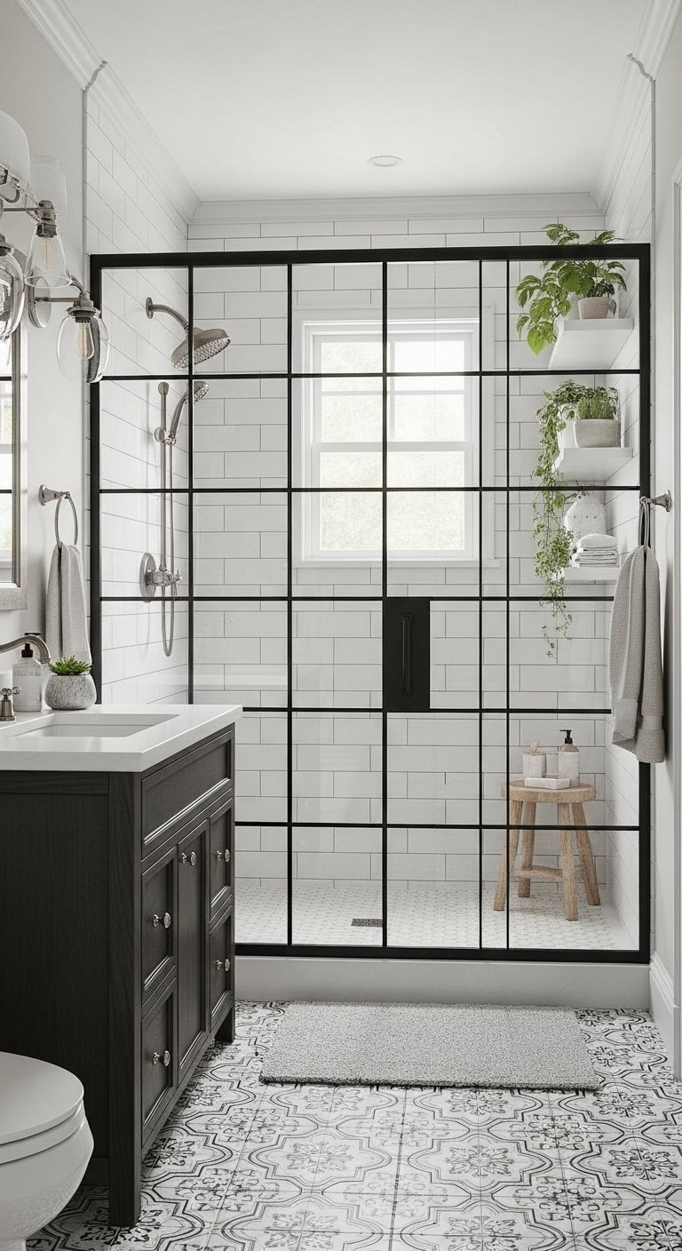 Petite salle de bain avec paroi de douche verrière noire et sol à motifs