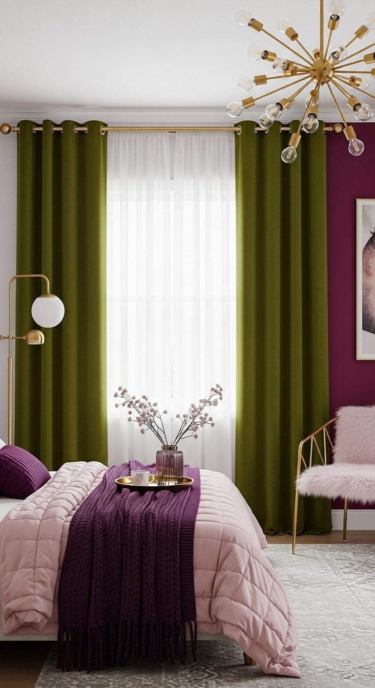 Rideaux en velours vert olive dans une chambre avec un mur prune et un lit rose