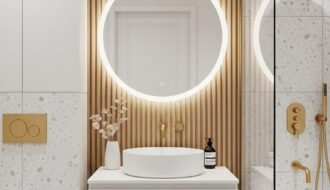 Salle de bain scandinave avec terrazzo mur en tasseaux de bois et robinetterie dorée