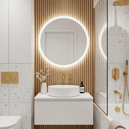 Salle de bain scandinave avec terrazzo mur en tasseaux de bois et robinetterie dorée