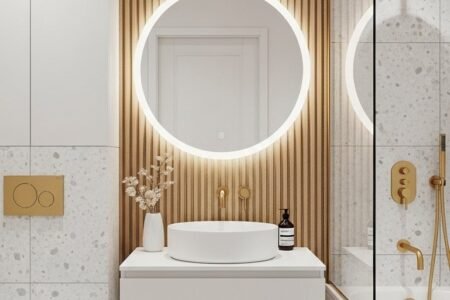 Salle de bain scandinave avec terrazzo mur en tasseaux de bois et robinetterie dorée