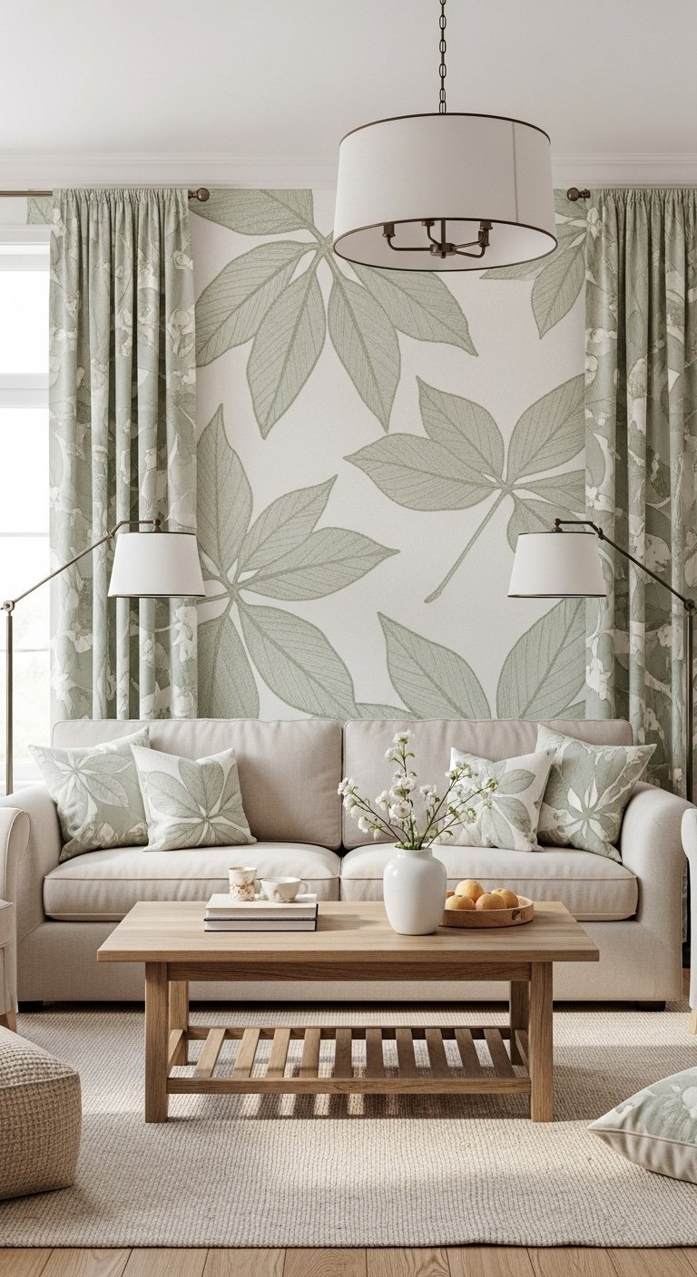 Salon apaisant avec papier peint a motif de feuilles vertes