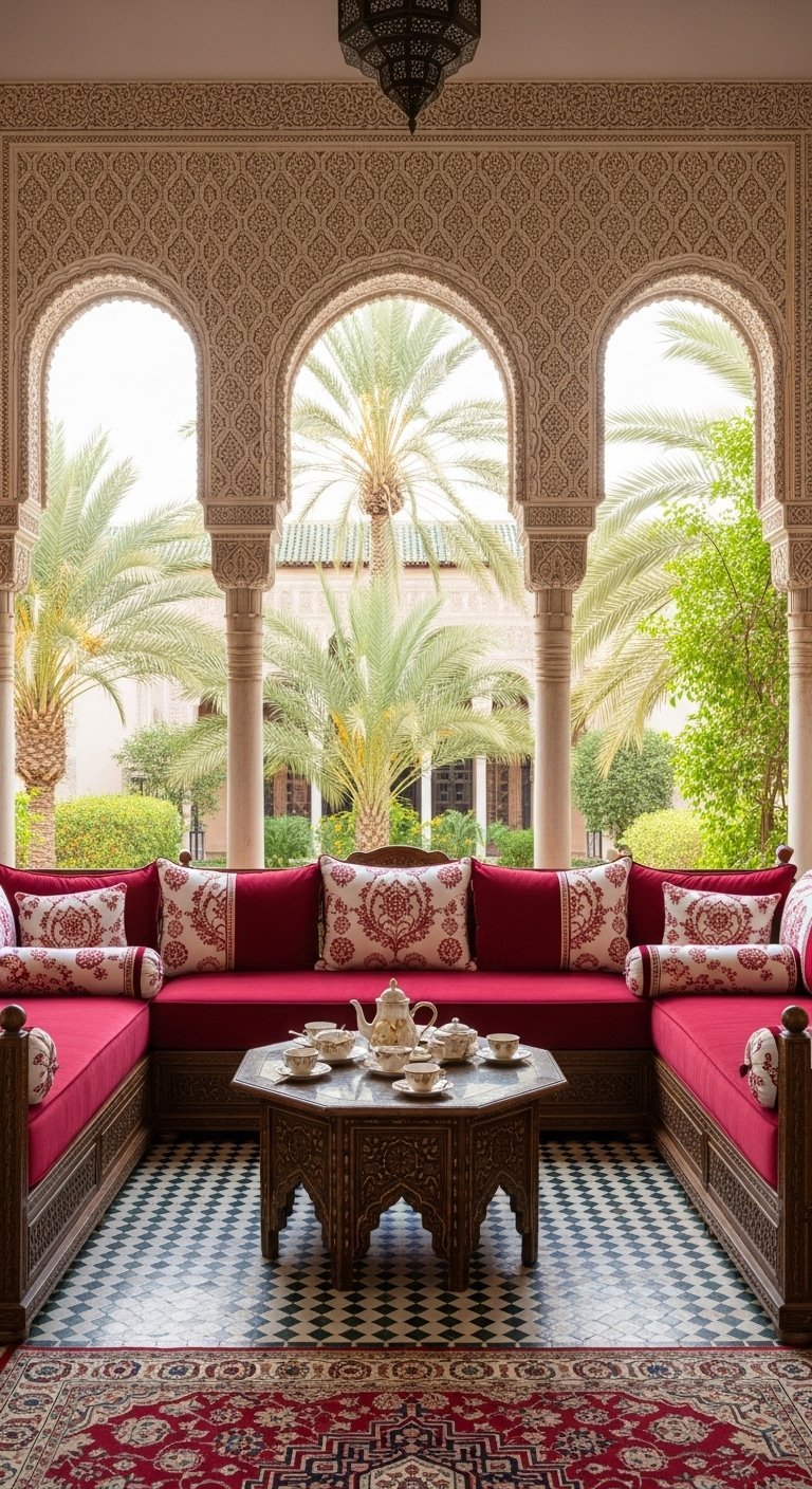 Salon marocain en patio avec sedari rouge et vue sur jardin