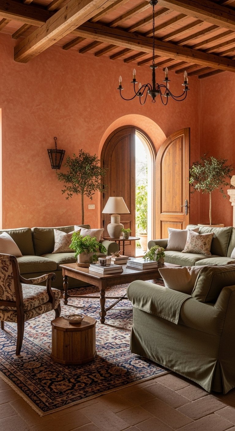 Salon rustique avec murs terracotta et canapes vert olive