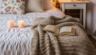 Scène cosy avec un livre ouvert sur un plaid et des lanternes au sol