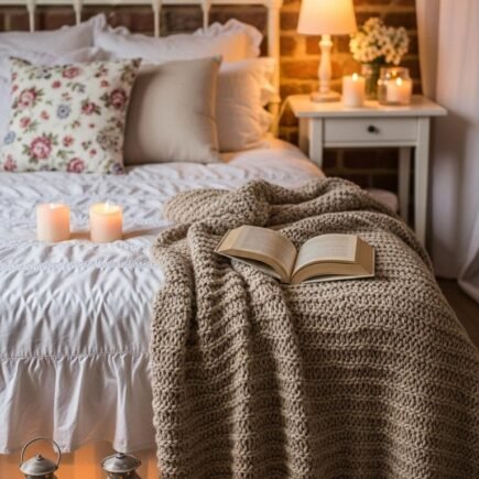 Scène cosy avec un livre ouvert sur un plaid et des lanternes au sol