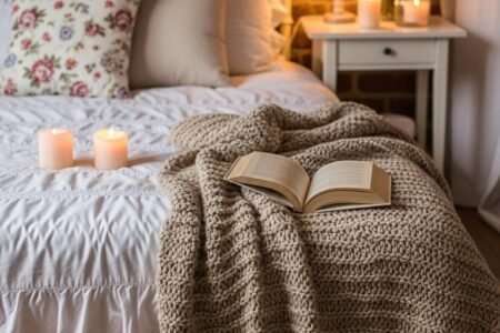 Scène cosy avec un livre ouvert sur un plaid et des lanternes au sol