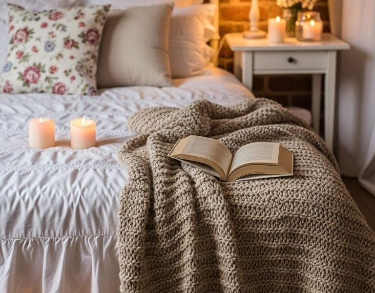 Scène cosy avec un livre ouvert sur un plaid et des lanternes au sol