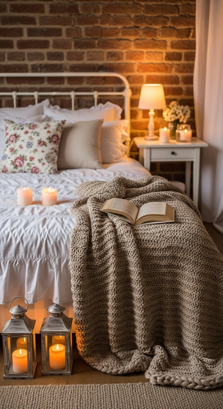 Scène cosy avec un livre ouvert sur un plaid et des lanternes au sol