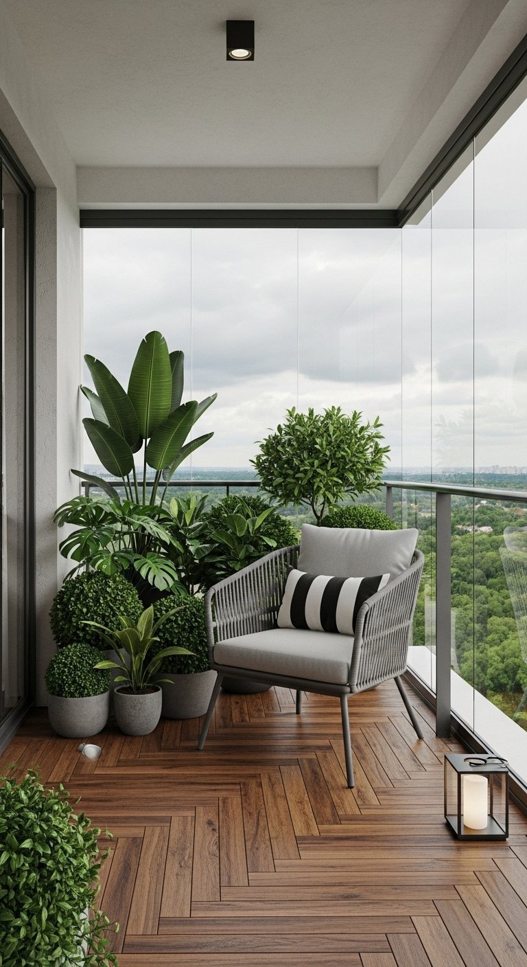 Aménagement de balcon avec un fauteuil gris entouré de nombreuses plantes vertes en pot