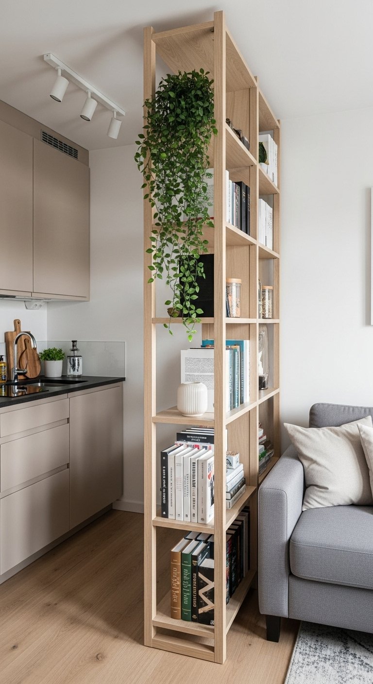 Bibliothèque ajourée en bois clair servant de séparation entre une petite cuisine et un salon